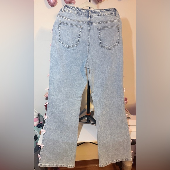 Light Blue Denim Jeans with Pink Bow Trim - Women - Picture 2 of 5